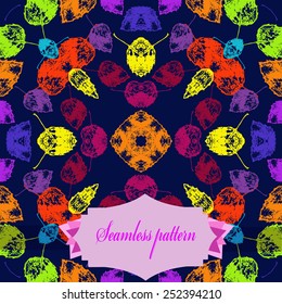 Circular seamless pattern of colored floral motif, autumn leaves, label on a  dark blue background. Hand drawn.