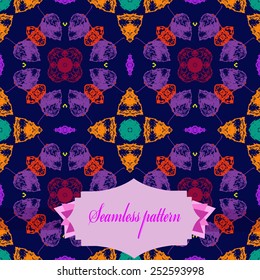 Circular seamless pattern of colored floral motif, autumn leaves, label on a dark blue  background. Hand drawn.