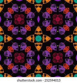 Circular seamless pattern of colored floral motif, autumn leaves   on a  black background. Hand drawn.