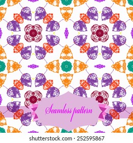 Circular seamless pattern of colored floral motif, autumn leaves, label   on a  white background. Hand drawn.
