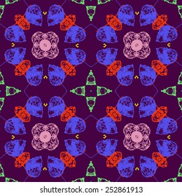 Circular seamless pattern of colored floral motifs  on a dark pink   background. Hand drawn.