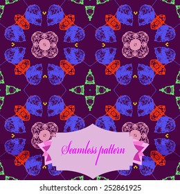 Circular seamless pattern of colored floral motifs, label on a dark pink   background. Hand drawn.