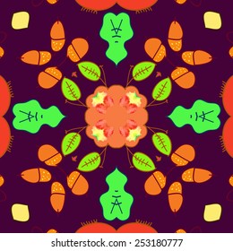 Circular seamless pattern of colored  floral motifs , leaves, acorns, watercolor  on a   dark pink   background. Hand drawn.
