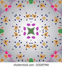 Circular seamless pattern of colored  floral motifs , star   on a  gradient gray      background. Hand drawn.