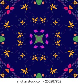 Circular seamless pattern of colored  floral motifs , star   on a dark blue       background. Hand drawn.