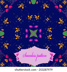 Circular seamless pattern of colored  floral motifs , star, label on a  dark blue      background. Hand drawn.