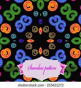 Circular seamless pattern of colored  floral motifs ,spirals, doodles, label  on a  black   background. Hand drawn.