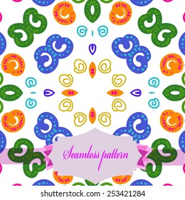 Circular seamless pattern of colored  floral motifs ,spirals, doodles, label  on a white    background. Hand drawn.