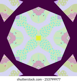 Circular seamless pattern of colored  floral motifs ,branches, ellipses   on a  dark pink background. Hand drawn.