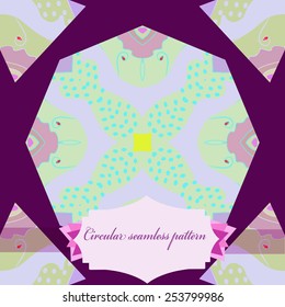 Circular seamless pattern of colored  floral motifs ,branches, ellipses, label  on a dark pink   background. Hand drawn.