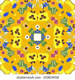 Circular seamless pattern of colored  floral motifs   on a  white   background. Hand drawn.