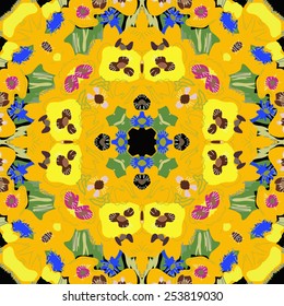 Circular seamless pattern of colored  floral motifs   on a black    background. Hand drawn.