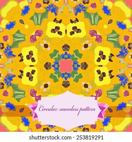 Circular seamless pattern of colored  floral motifs, label  on a pale rosy  background. Hand drawn.