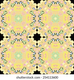 Circular seamless pattern of colored floral motifs  on a  black     background. Hand drawn.