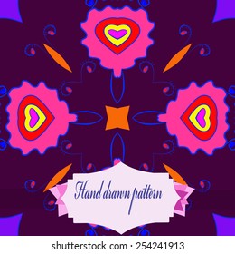 Circular seamless pattern of colored floral motifs, label  on a   dark pink     background. Hand drawn.