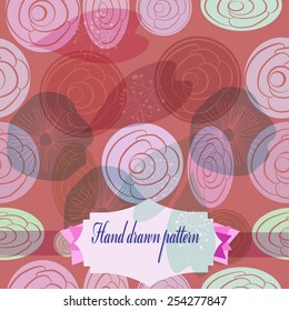 Circular seamless pattern of colored floral motifs , roses, label  on a  pale  rosy    background. Hand drawn.