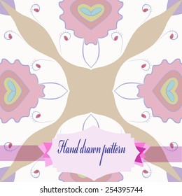 Circular seamless  pattern of colored floral motifs ,branches, label   on a  white    background. Hand drawn.