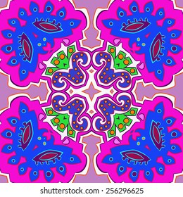 Circular seamless   pattern of colored floral motif, leaves, ellipses  on a pale pink    background. Hand drawn.