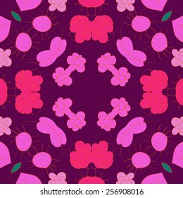 Circular seamless pattern of colored floral motifs, sun, leaves on a  dark pink   background. Hand drawn.