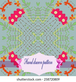 Circular seamless pattern of colored floral motif, branches, butterflies, text and label. Hand drawn.