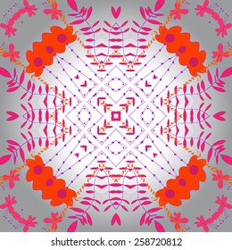 Circular seamless pattern of colored floral motif, branches, butterflies, text. Hand drawn.
