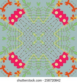 Circular seamless pattern of colored floral motif, branches, butterflies, text. Hand drawn.