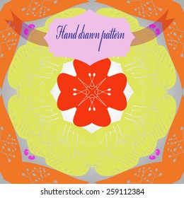 Circular seamless pattern of colored floral motifs, label on a background. Hand drawn. 