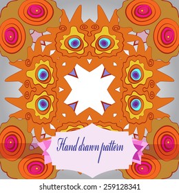 Circular seamless pattern of colored floral motif, ellipses, waves, label on a background. Hand drawn.