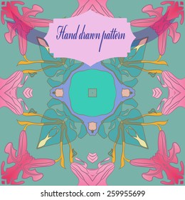 Circular seamless pattern of colored floral motif, label. Hand drawn.
