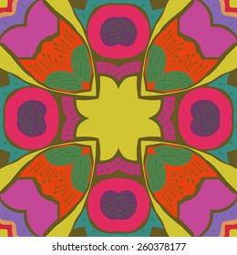 Circular seamless pattern of colored floral motif.Hand drawn.