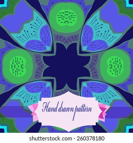 Circular seamless pattern of colored floral motif, label.Hand drawn.