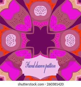 Circular seamless pattern of colored floral motif, label.Hand drawn.