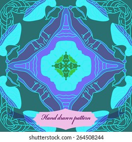Circular seamless pattern of colored floral motif, cross, twigs, branches, label. Hand drawn.