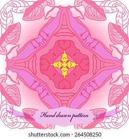 Circular seamless pattern of colored floral motif, cross, twigs, branches, label. Hand drawn.