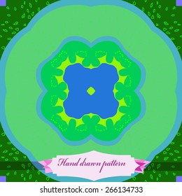 Circular seamless pattern of  colored floral motif, stamens, label. Hand drawn.
