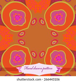 Circular seamless pattern of colored floral motif, flowers, doodles, spirals, label. Hand drawn.