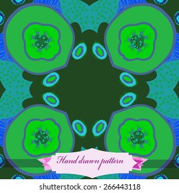 Circular seamless pattern of colored floral motif, flowers, doodles, spirals, label. Hand drawn.