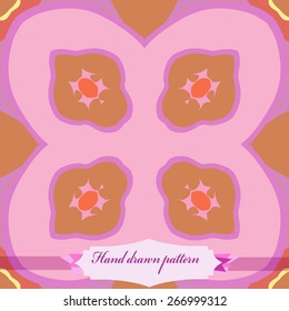 Circular seamless pattern of colored  floral motif, label. Hand drawn.