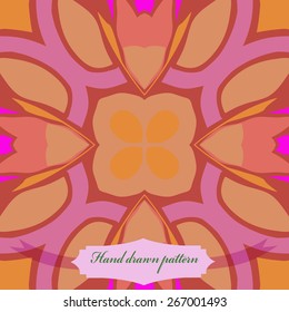 Circular seamless pattern of colored  floral motif, label. Hand drawn.