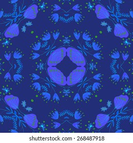 Circular seamless pattern of colored floral motif, leaves, branches. Hand drawn.