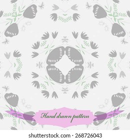 Circular seamless pattern of colored floral motif, leaves, branches, label. Hand drawn.