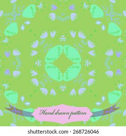 Circular seamless pattern of colored floral motif, leaves, branches, label. Hand drawn.
