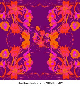 Circular seamless  pattern of colored floral motif, bouquets of tulips, crocuses. Hand drawn.