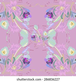 Circular seamless  pattern of colored floral motif, bouquets of tulips, crocuses. Hand drawn.