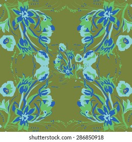 Circular seamless  pattern of colored floral motif, bouquets of tulips, crocuses. Hand drawn.