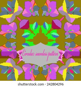 Circular seamless pattern of colored gladioli flowers, floral motifs, label, text,  on a dark yellow   background. Hand drawn. 