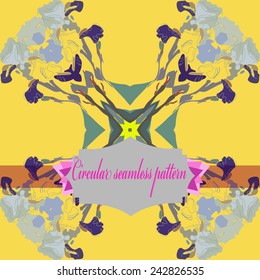 Circular seamless pattern of colored irises, floral motifs, label, text  on a yellow  background. Hand drawn. 