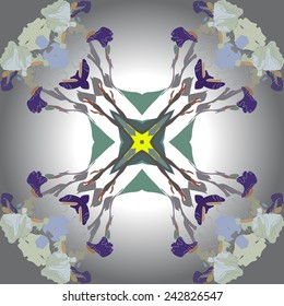 Circular seamless pattern of colored irises, floral motifs on a background. Hand drawn. 
