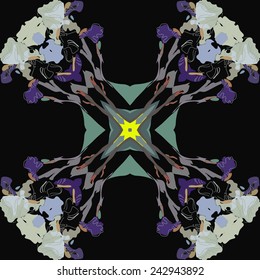 Circular seamless pattern of colored irises, floral motifs   on a  black background. Hand drawn. 