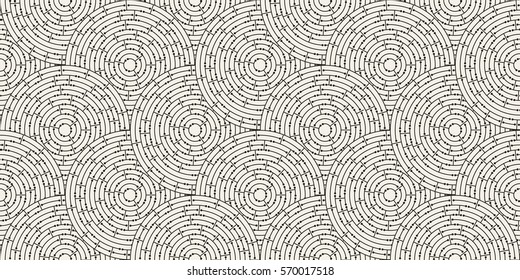 Circular seamless pattern of colored labyrinth with dots, flat